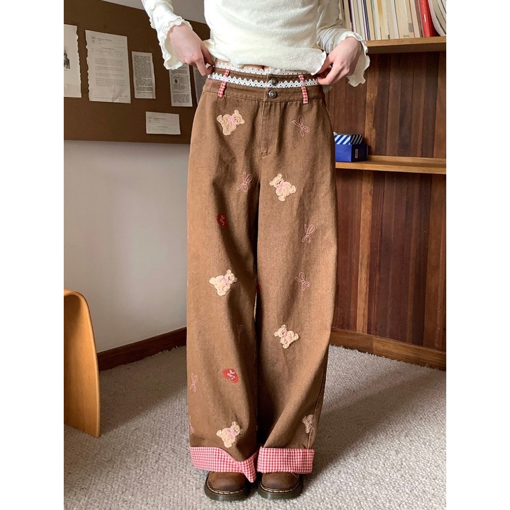 Design Stitching Draping Female Autumn and Winter Jeans Mop Pants Plaid Straight Puppy Wide Leg Slimming Embroidery Retro