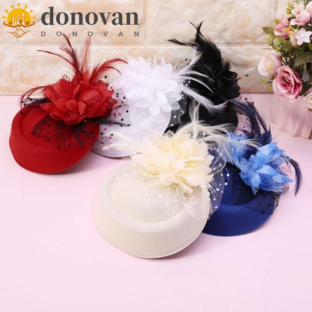 Dodonvan Fascinator หมวก, หมวกอย่างเป็นทางการดอกไม้ Feather Hairpin, Elegant Floral Corsage Veil Headwear Fedoras หมวกคลิปผมเจ้าสาวงานแต่งงาน Hairpins