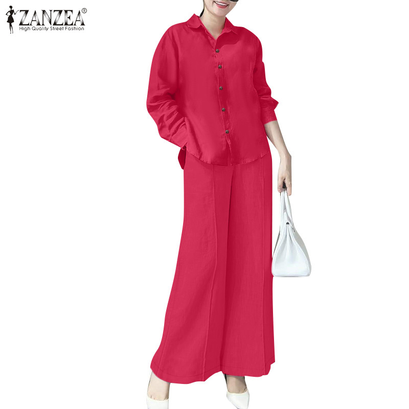Zanzea ผู้หญิงเกาหลีสีทึบปุ่ม Cuffs ปกแขนยาวลายชุดสองชิ้น