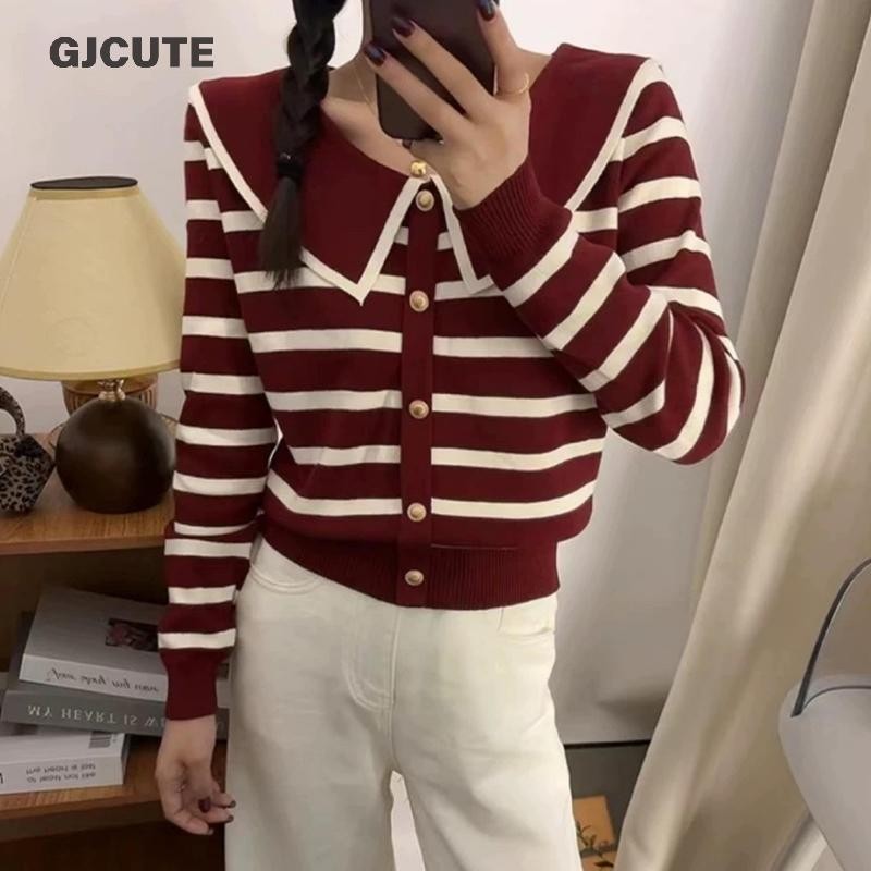 Gjcute ผู้หญิงหวานแฟชั่นลายตุ๊กตาคอปกแขนยาวหลวมสบายๆถักเสื้อกันหนาว WTD