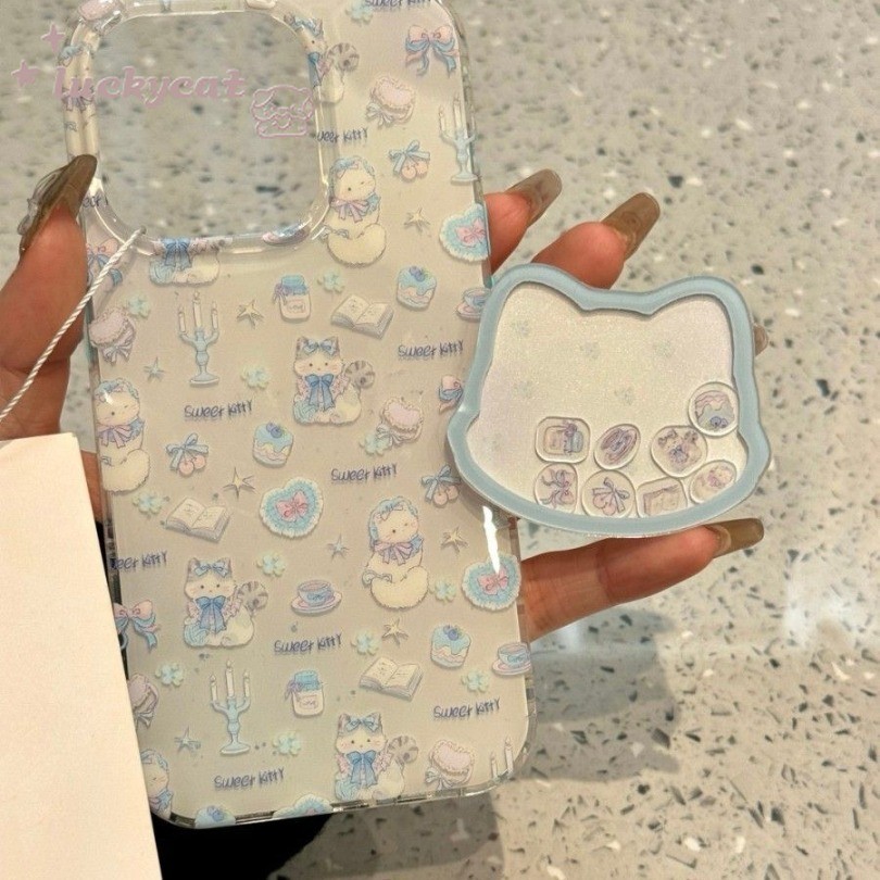 Iphone 16 15 14 13 12 11 Pro Max X Xr Xs Max 7 8 Plus SE2020 เคสโทรศัพท์การ์ตูนน่ารักโบว์สีฟ้าแมวสีขาวลาย Clear Soft + Stand ฝาหลัง