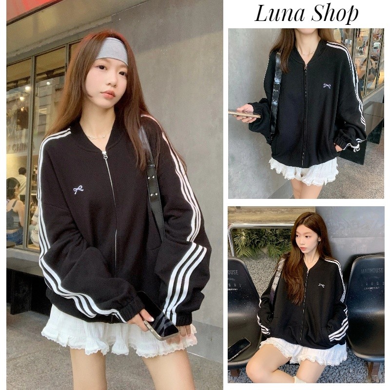 Luna Shop 🍒 พร้อมส่ง 💕 เสื้อแจ็คเก็ตสไตล์ย้อนยุคอเมริกัน ทรงหลวม ลำลอง ปักโบว์ สำหรับผู้หญิง