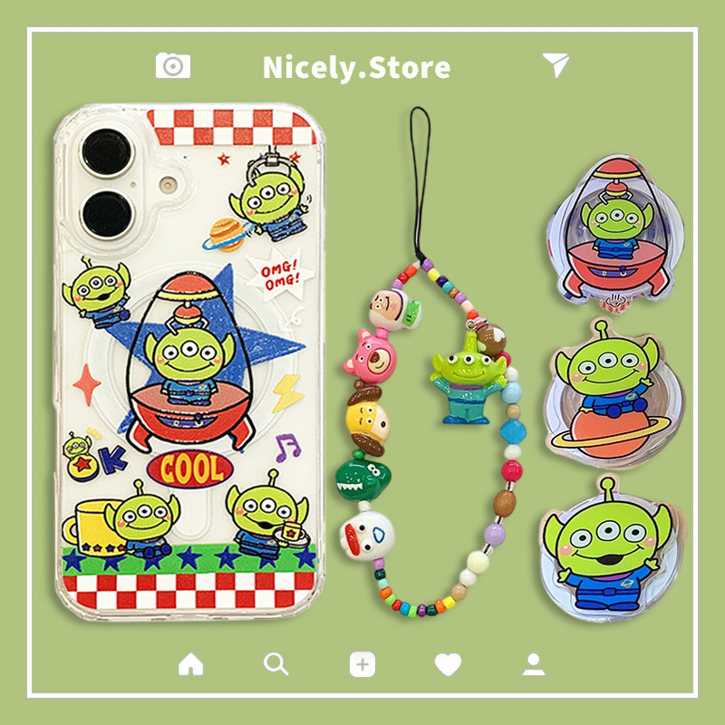 การ์ตูนน่ารักtoystory Alienผู้ถือขาตั้งเคสโทรศัพท์สําหรับiPhone 16 15 14 13 Pro Max 12 11 โซ่อะคริลิคกันน้ําปกหลังShell