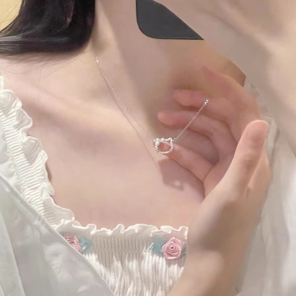 เดือน แฟชั่นการ์ตูนคิตตี้แมวมุกโบว์สามารถจี้สร้อยคอสําหรับผู้หญิง