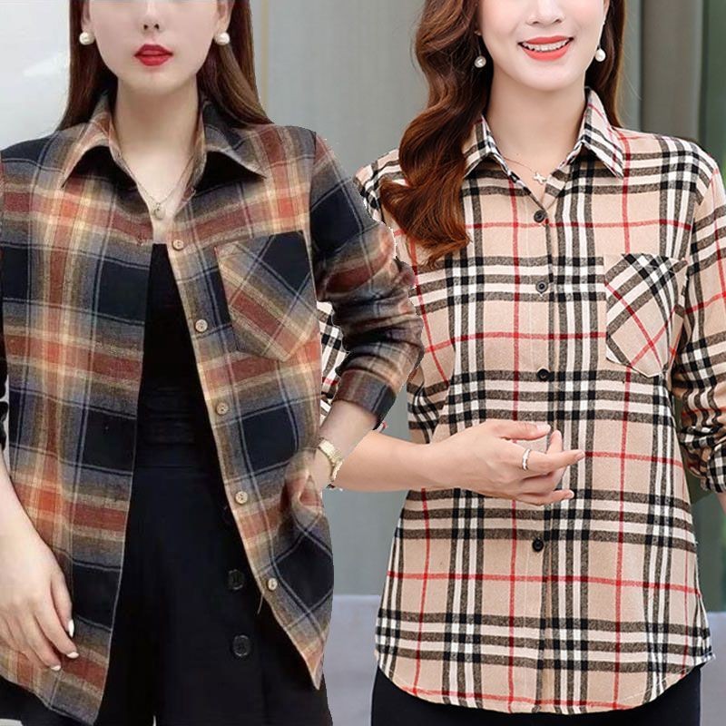 แม่เสื้อเชิ้ตแขนยาวบางหลวมขนาดใหญ่ฤดูใบไม้ผลิฤดูใบไม้ร่วงเสื้อลายสก๊อต