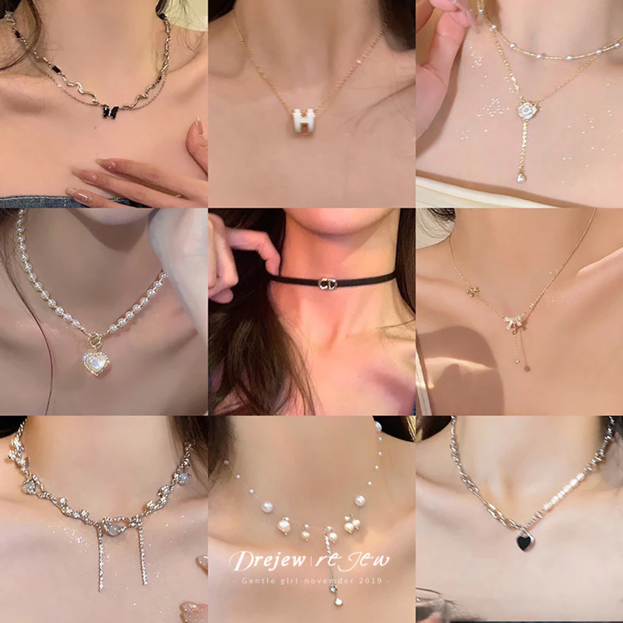 เดรช อารมณ์หวานเพชรชุดมุกเทียมพู่สร้อยคอแสงหรูหราระดับไฮเอนด์โซ่กระดูกไหปลาร้า