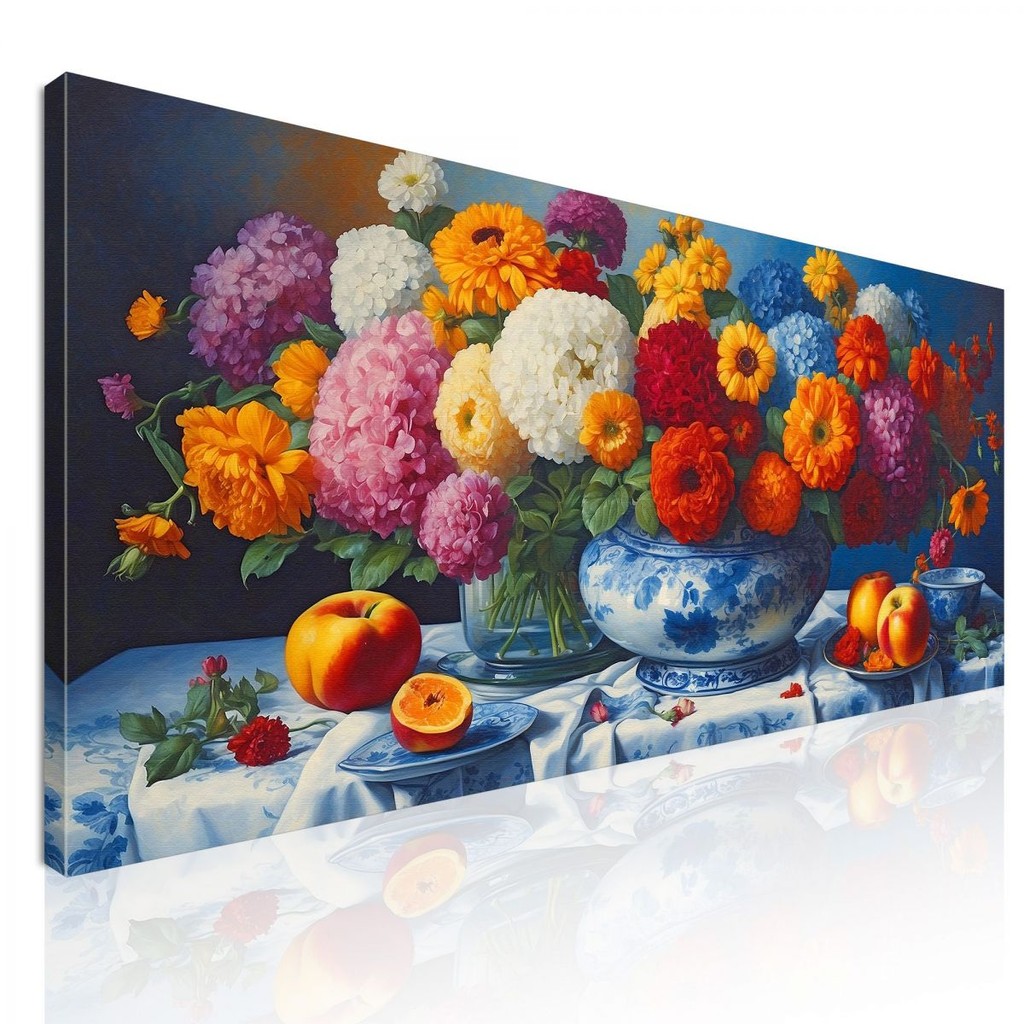 Botanical Framework Bouquet Of Colorful Flowers And Fresh Fruit In Blue Porcelain , bow6 ภาพพิมพ์บนผ