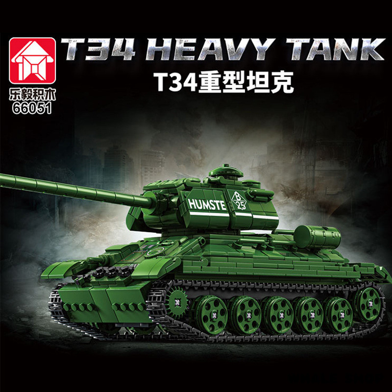 [ทหารขายดี] T34 Heavy-Duty Tank 1: 35 Dynamic Building Blocks Movable Turret+Track High-Precision As
