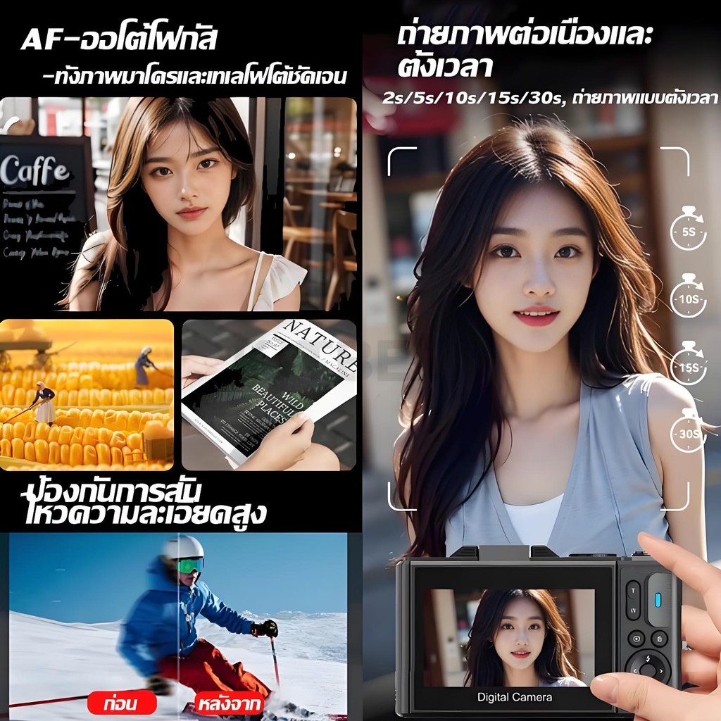 กล้องดิจิตอล 75MP 5K พร้อมซูมออปติคัล 18X 180° หน้าจอพลิกสําหรับเซลฟี่ การเชื่อมต่อ WiFi