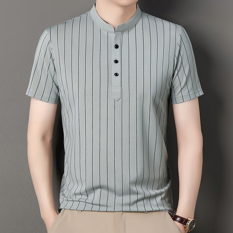 ฤดูร้อนผู้ชายแขนสั้นยืนขึ้นเสื้อโปโลคอปกลาย Henley Collar Mens Top