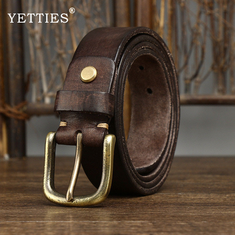 YETTIES 3.3ซม เข็มขัดหนังแท้ผู้ชายแฟชั่น หนังวัว บริสุทธิ์หัวเข็มขัดทองแดงหัวเข็