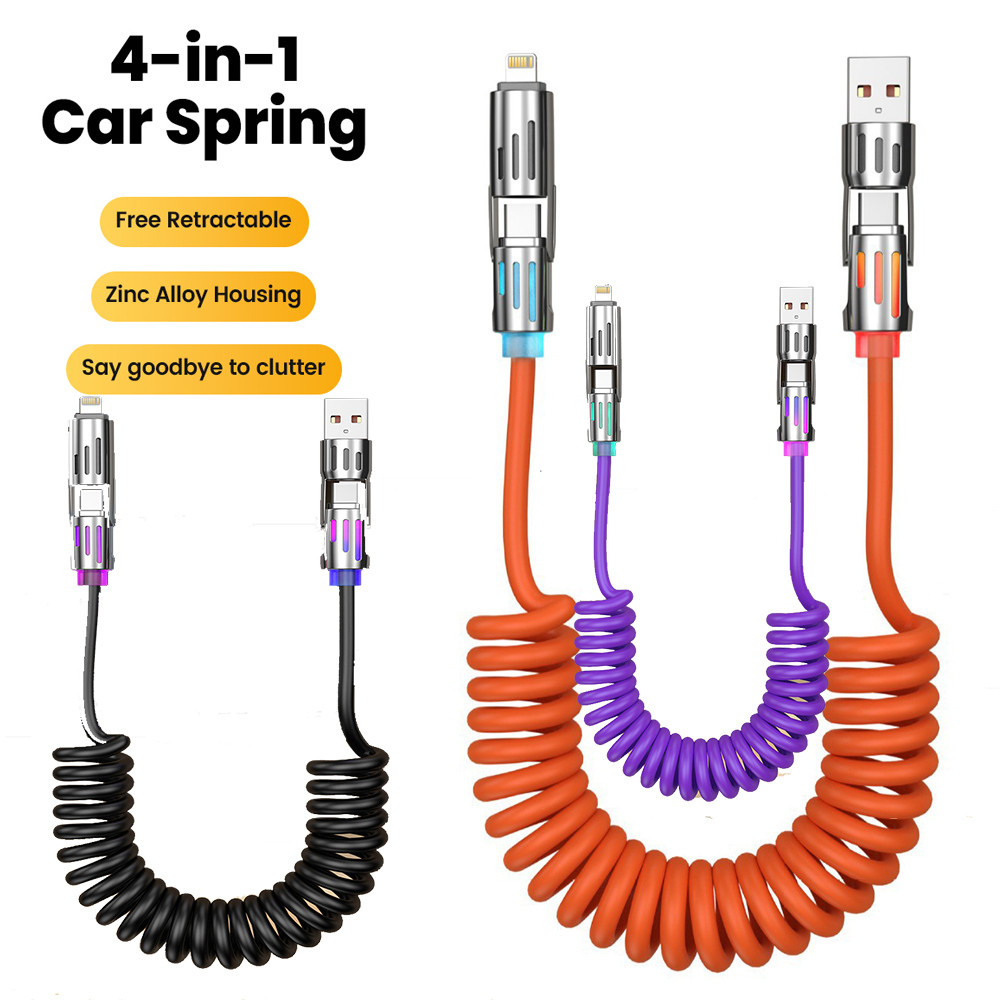 Elough 65W 4 in 1 Spring Fast Charging USB + Type C Cable Data Cord 1.8M Multi-functional Charger Wires พร้อมไฟสีสันสดใส