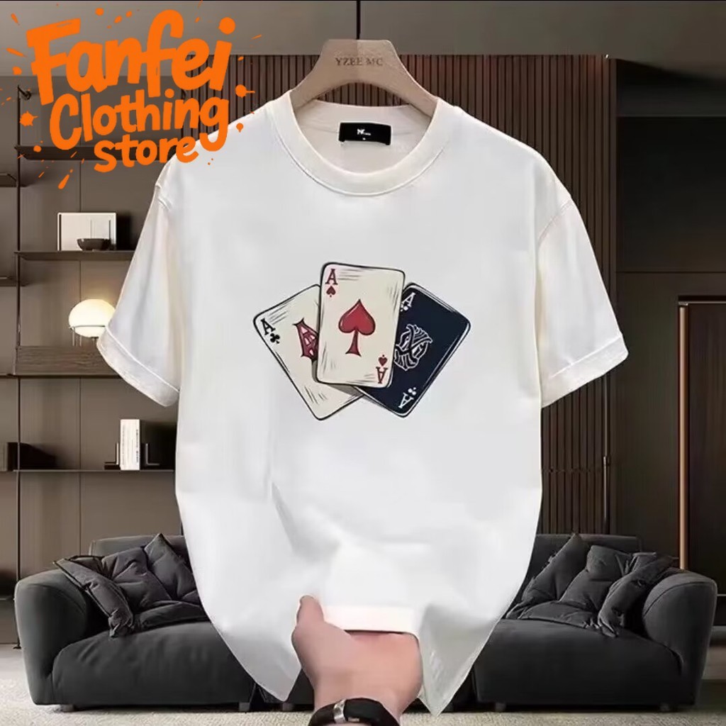 (จัดส่งตลอด 24 ชั่วโมง)Fanfei คุ้มค่าสุดๆ! เสื้อยืดผู้ชายลายโป๊กเกอร์ผ้าฝ้ายแขนสั้นตัวเลือกแรกสำหรับฤดูร้อนที่สดชื่น