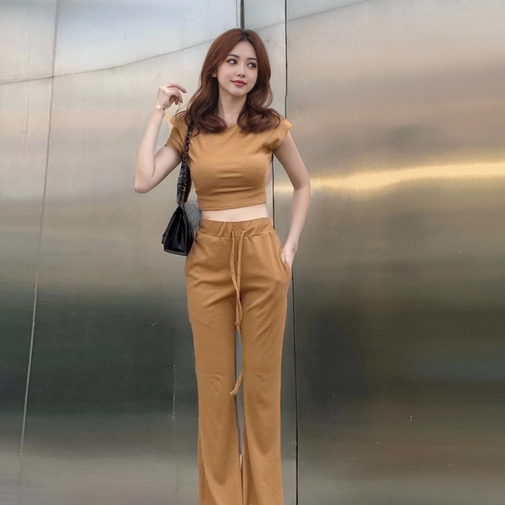 ดเซ็ทเสื้คอปาดกางเกงขากระดิ่ง  Set คอกลมโปโลคู่กางเกงขายาวทรงสวย