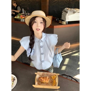 Chili Koko เสื้อเชิ้ตลายดอกกุหลาบสามมิติปกโปโลฤดูร้อนมีดีไซน์ที่เป็นเอกลักษณ์ เสื้อครอป W590