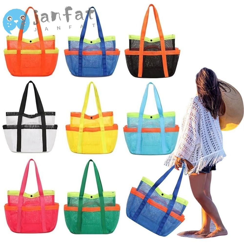 JANFAT Mesh Beach Storage Bag, Folding Portable Beach Tote Bag, Multipurpose Quick Dry Large Capacity Breathable Toiletry Bag for Cruise Swim Vacation Essentials