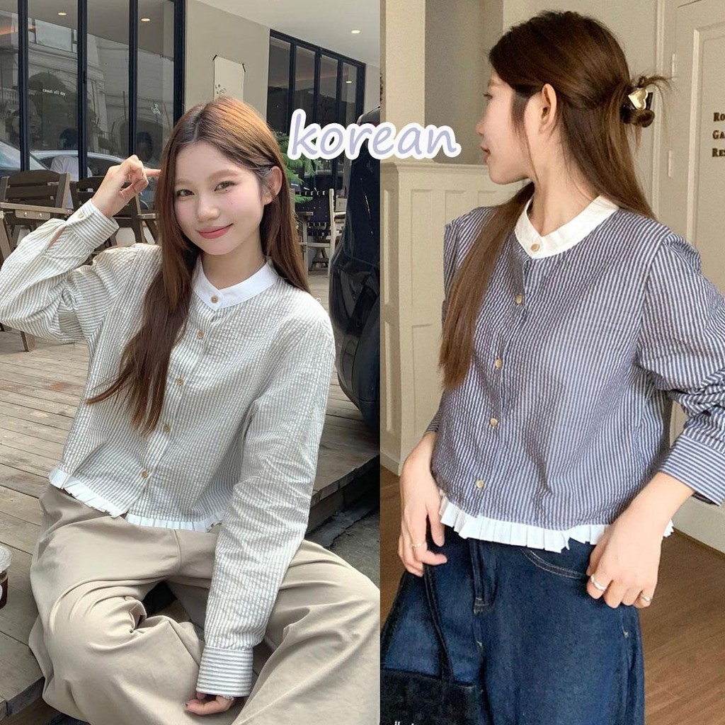 Cuites เสื้อแฟชั่นผู้หญิง ลายริ้ว เสื้อครอป สีพื้น เอวลอย แฟชั่นฤดูใบไม้ผลิ สําหรับผู้หญิง W594
