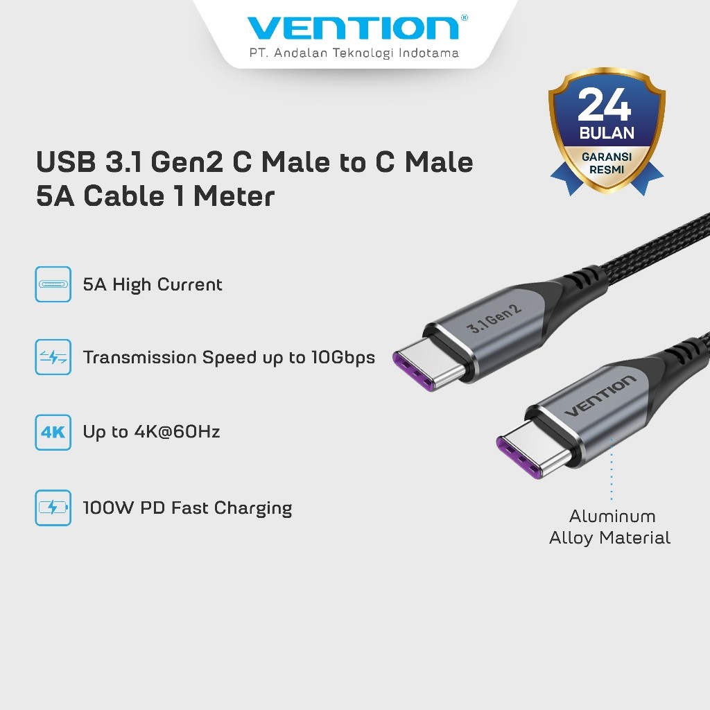 Vention สายเคเบิลข้อมูล USB Gen2 Thunderbolt 3 Type C to C 5A 100W PD 4K@60Hz 10Gbps 50CM 1M - TAH