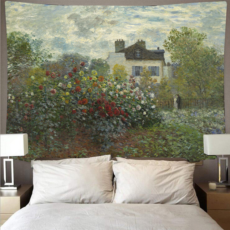 ผ้าม่านภาพวาดสีน้ำมัน Monet ศิลปะผนัง Ins ผ้าพื้นหลัง ผ้าม่านเรือ การปรับปรุงห้อง ผ้าแขวนศิลปะ การตกแต่งบ้าน