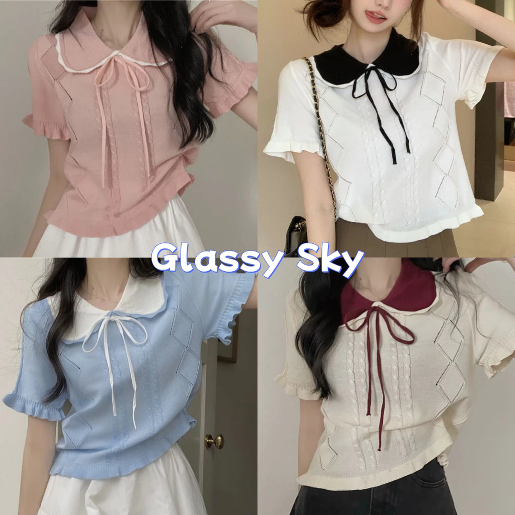 Glassy Sky💖พร้อมส่ง💖 เสื้อยืดไหมพรม คอปก แขนสั้น ผ้าบางเบา ดีเทลลายผ้าผูกโบว์ สไตล์ลำลอง (MT717-1)