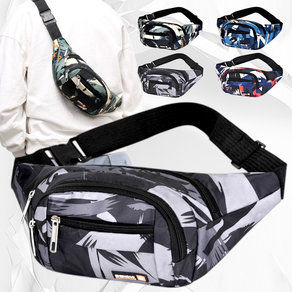 (w279) กระเป๋าคาดอกคาดเอว UNISEX มีช่อง4ซิป ลายทูโทนกราฟฟิก