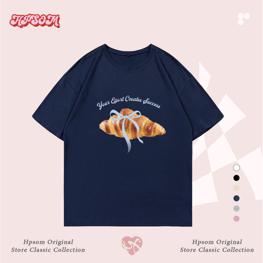 Hpsom เสื้อยืดผู้หญิง คอตตอน ลายการ์ตูนขนมปังฝรั่งเศส สไตล์เกาหลี คอกลม แขนสั้น