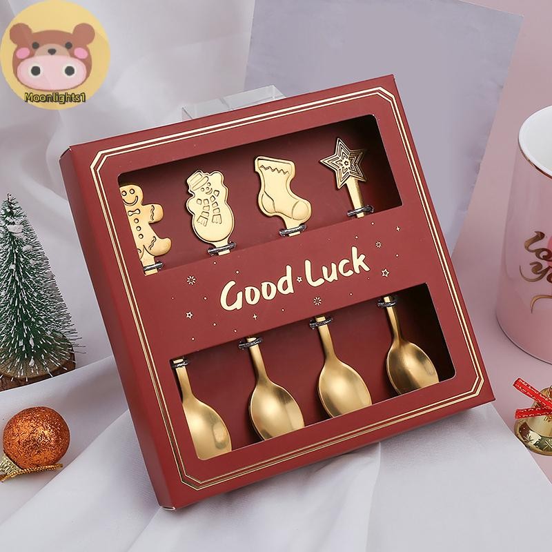 Moonlights1 ช้อนคริสต์มาสชุดสแตนเลส Santa Claus Elk Snowman ขนมหวานช้อนซุป Xmas Tableware คริสต์มาสแ