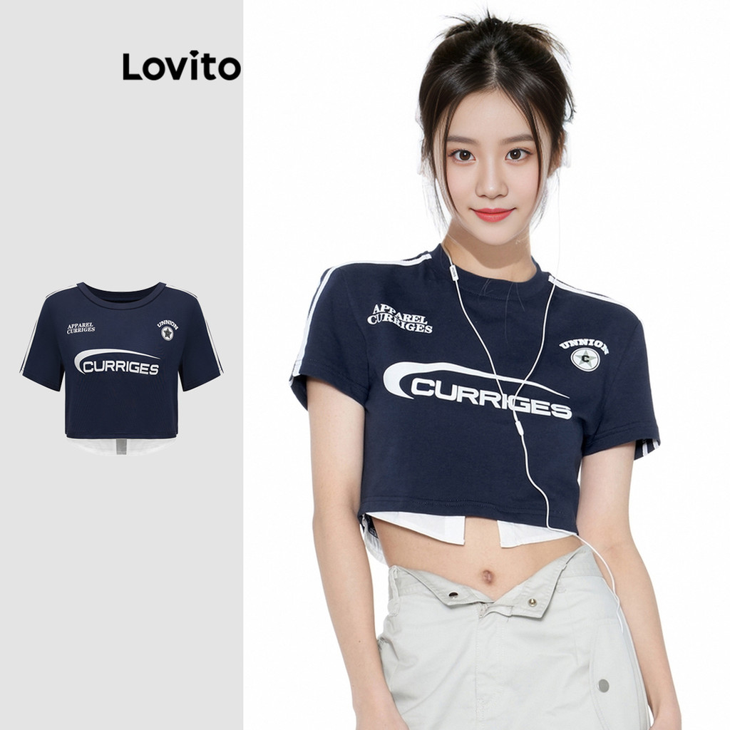 Lovito เสื้อยืดผู้หญิง ลายตัวอักษร สไตล์สปอร์ต L90AD142