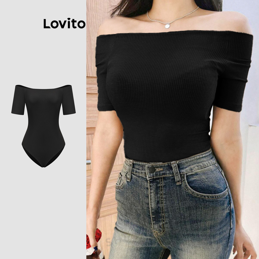 Lovito บอดี้สูทผู้หญิง แบบเปิดไหล่ สีพื้น สไตล์ลำลอง L91AD272