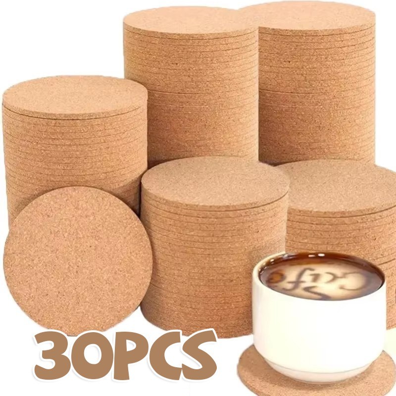 5/15/20/30ชิ้นที่รองแก้วไม้ก๊อกธรรมชาติ-ฉนวนกันความร้อนทรงกลมถ้วยเสื่อ-ไวน์กาแฟโต๊ะน้ําชา เบาะ