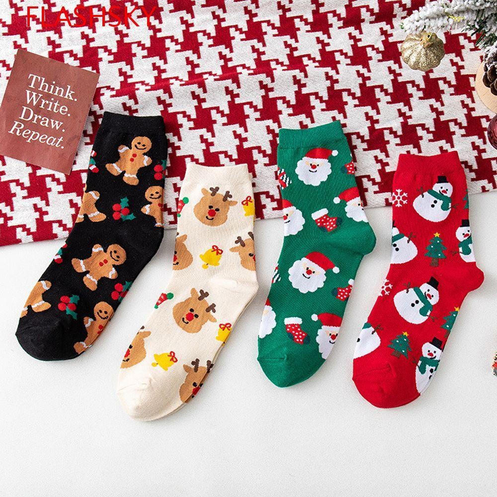 Flashsky ถุงเท้าคริสต์มาส Harajuku Sweet Cotton Hosiery Elk Snowman Girls Gift Mid-Tube Socks