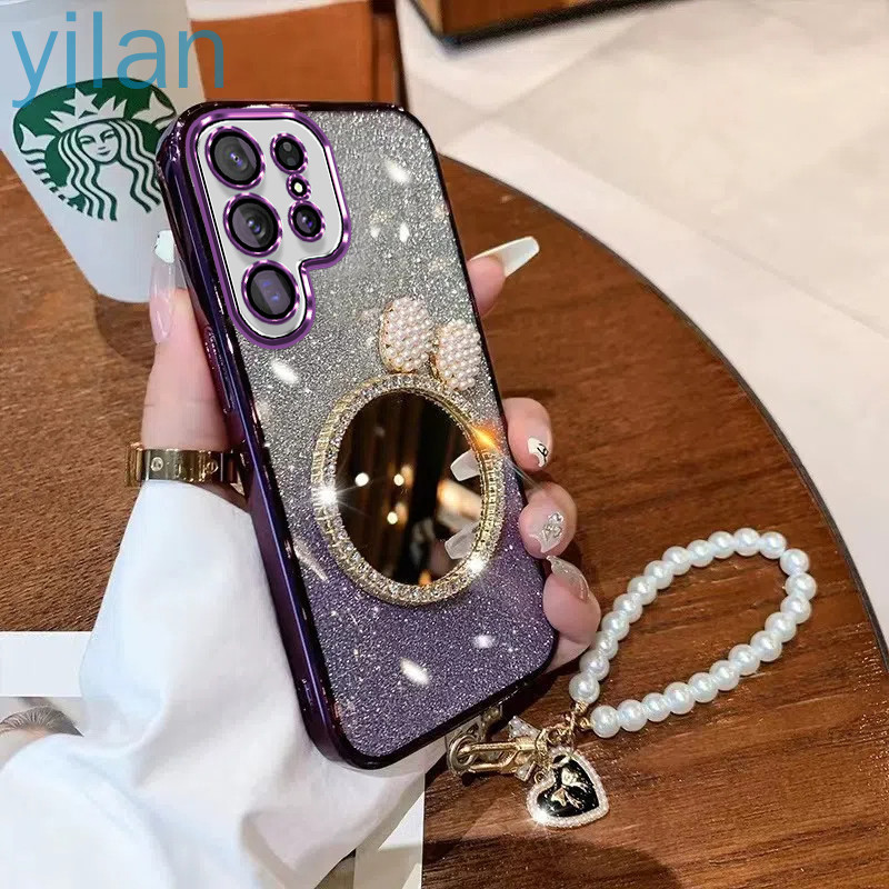 ปลอกหรูหรา Samsung S24 Ultra S24 PLUS S24 Glitter Electroplating ฝาครอบโปร่งใสกรณี Shell pearl bow กระจกแต่งหน้าพร้อมสร้อยข้อมือสําหรับสาว