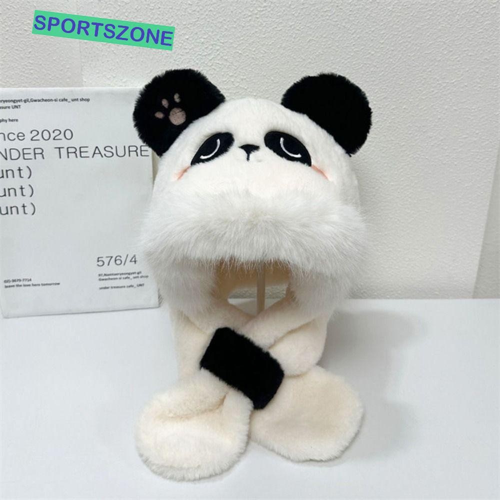 Sportszone ผ้าพันคอตุ๊กตาแพนด้า, หมวกหูหมีน่ารักอบอุ่น, การ์ตูนนุ่ม Earmuff Windproof Panda Neckerchief ฤดูหนาว