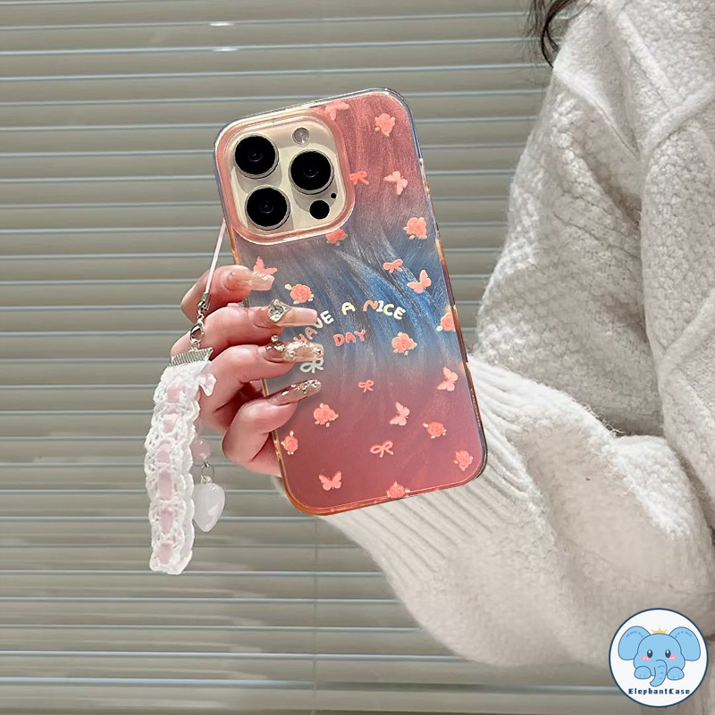 ผีเสื้อสีชมพูแฟชั่นเข้ากันได้เคสไอโฟนXR 16 13 11 15 12 14 Pro Max 16 14 15 7 8 Plus XS MAX X SEดอกไม้หวานโบว์สร้อยข้อมือ