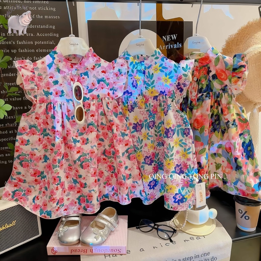 MooDeng Baby 1-9 ปีชุดเดรสเด็กผู้หญิงลายดอกไม้ชุดเดรสเด็กทารก ลายดอก ใส่เทียวน่ารัก ใส่สบายๆ ผ้าพริ้วสวย ลายสวยๆ