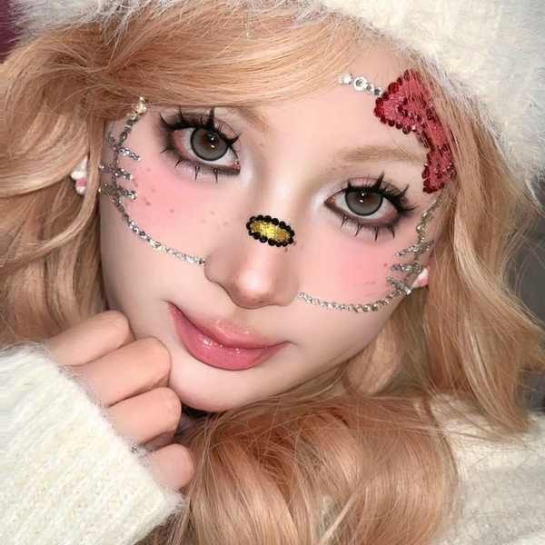 สติกเกอร์ติดหน้า hellokitty น่ารักแฮนด์เมด DIY แต่งหน้าบรรยากาศคริสมาสต์สติกเกอร์เพชรคริลิค