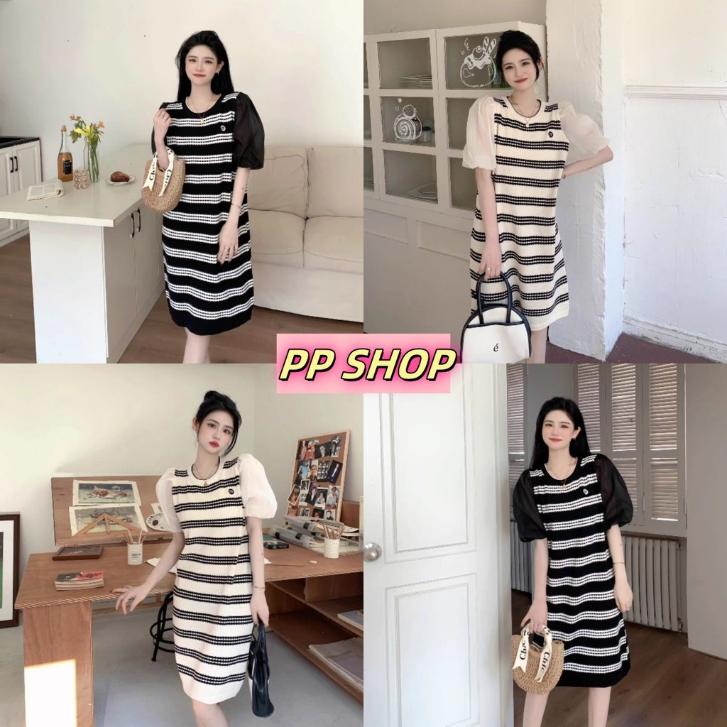 PP Shop​ ​​พร้อมส่ง ชุดออกงาน เดรสไหมพรม แขนสั้น คอกลม ลายทาง สะโพกแขนพอง ผ้าชีฟอง แฟชั่นฤดูร้อน ทรงสวย เดรสน่ารัก#H396