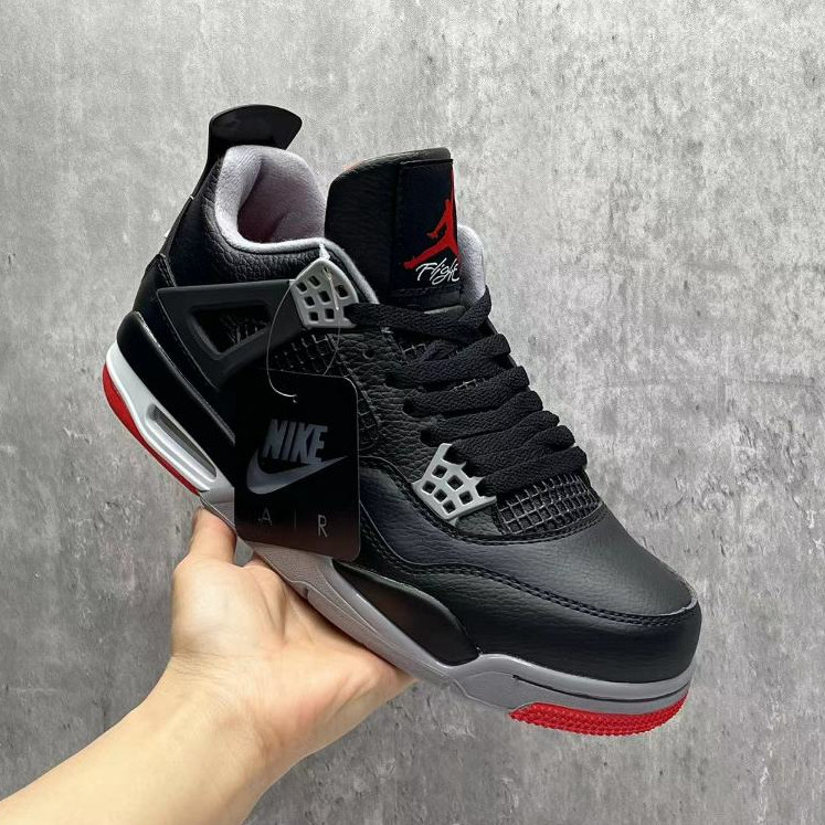 Jordan Air Jordan 4 Retro Bred High-Top Retro รองเท้าบาสเก็ตบอล GS สีดําสีแดง FV5029-006 ​