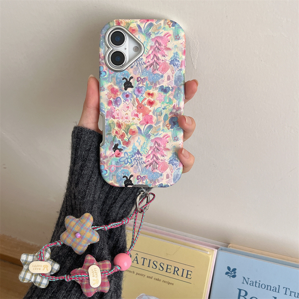 เข้ากันได้กับ iPhone 16 15 14 13 Pro Max high-end กระต่ายดอกไม้น่ารักเคสโทรศัพท์หนังภาพวาดสีน้ํามันเคสโทรศัพท์สไตล์