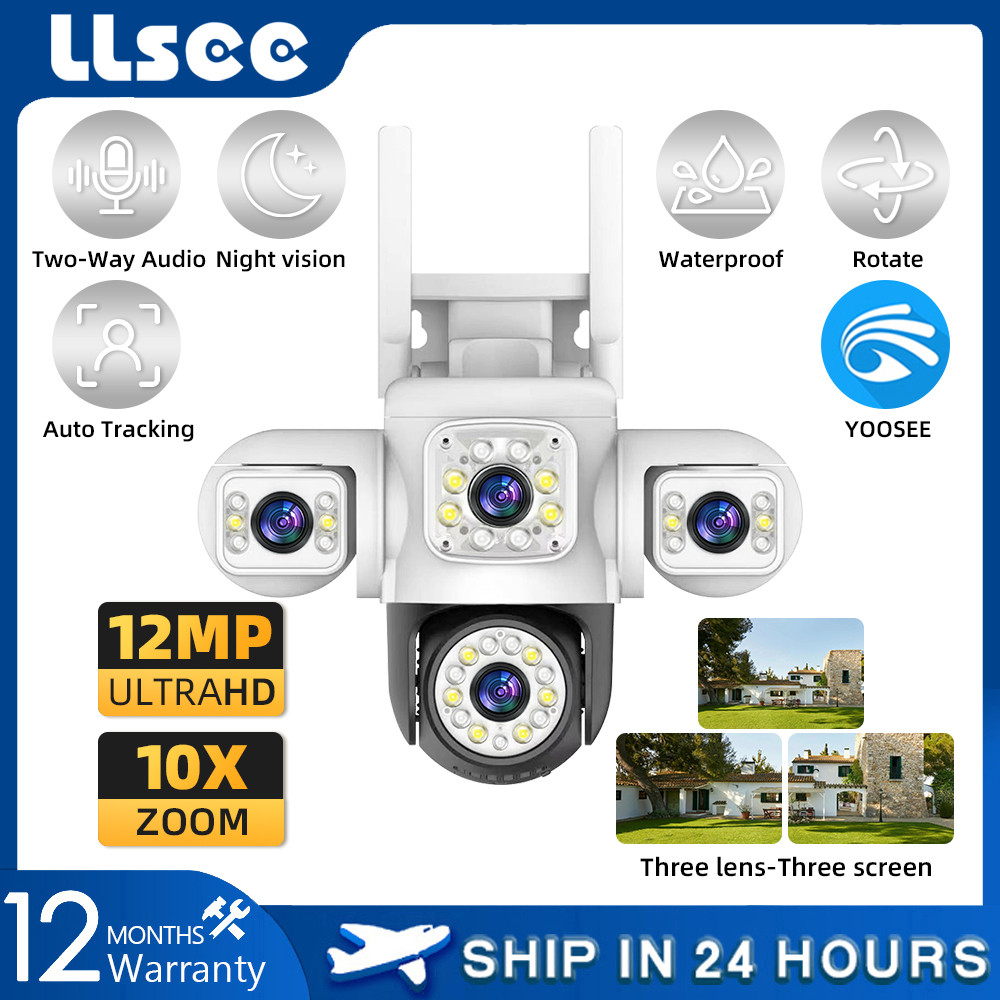 LLSEE YOOSEE สามเลนส์ 12MP 6K Monitor Wireless WIFI กล้องกลางแจ้ง 360 ไม่มีมุมตาย PTZ ตรวจจับการหมุนปลุกกล้องวงจรปิดติดตามความเคลื่อนไหวที่มีสีสัน Night Vision สองทางโทร