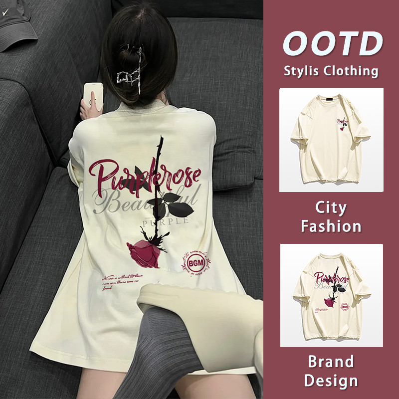 เสื้อยืดแขนสั้นสไตล์อเมริกัน ลายสกรีนดอกกุหลาบ YG877