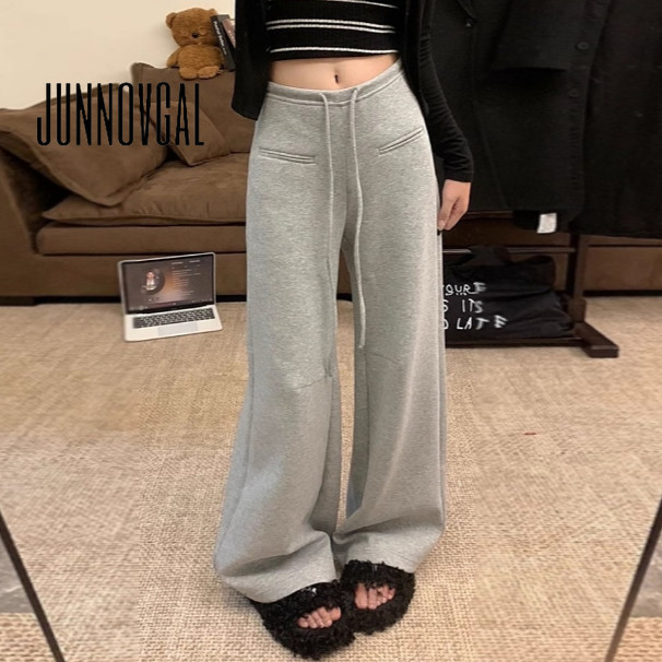 Junnovgal กางเกงผู้หญิงลําลองฤดูหนาว 2024 สีทึบทุกการแข่งขันเอวต่ํา