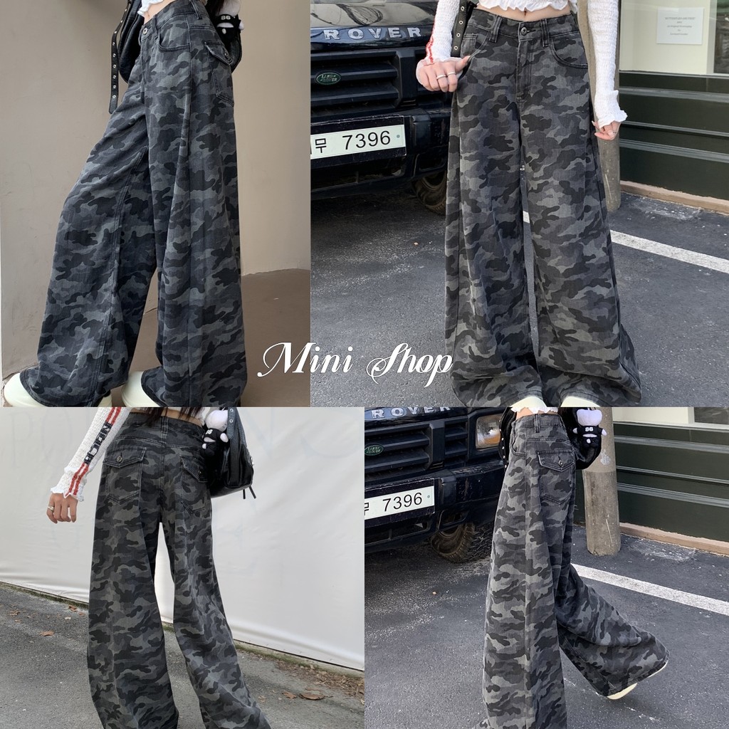 Mini shop🌸พร้อมส่ง🌸(1822-N)กางเกงยีนส์ เอวางขายาว ทรงกระบอก น่ารักมากๆ ดีเทลลายพรางทหาร เสื้อยืดคอกลม