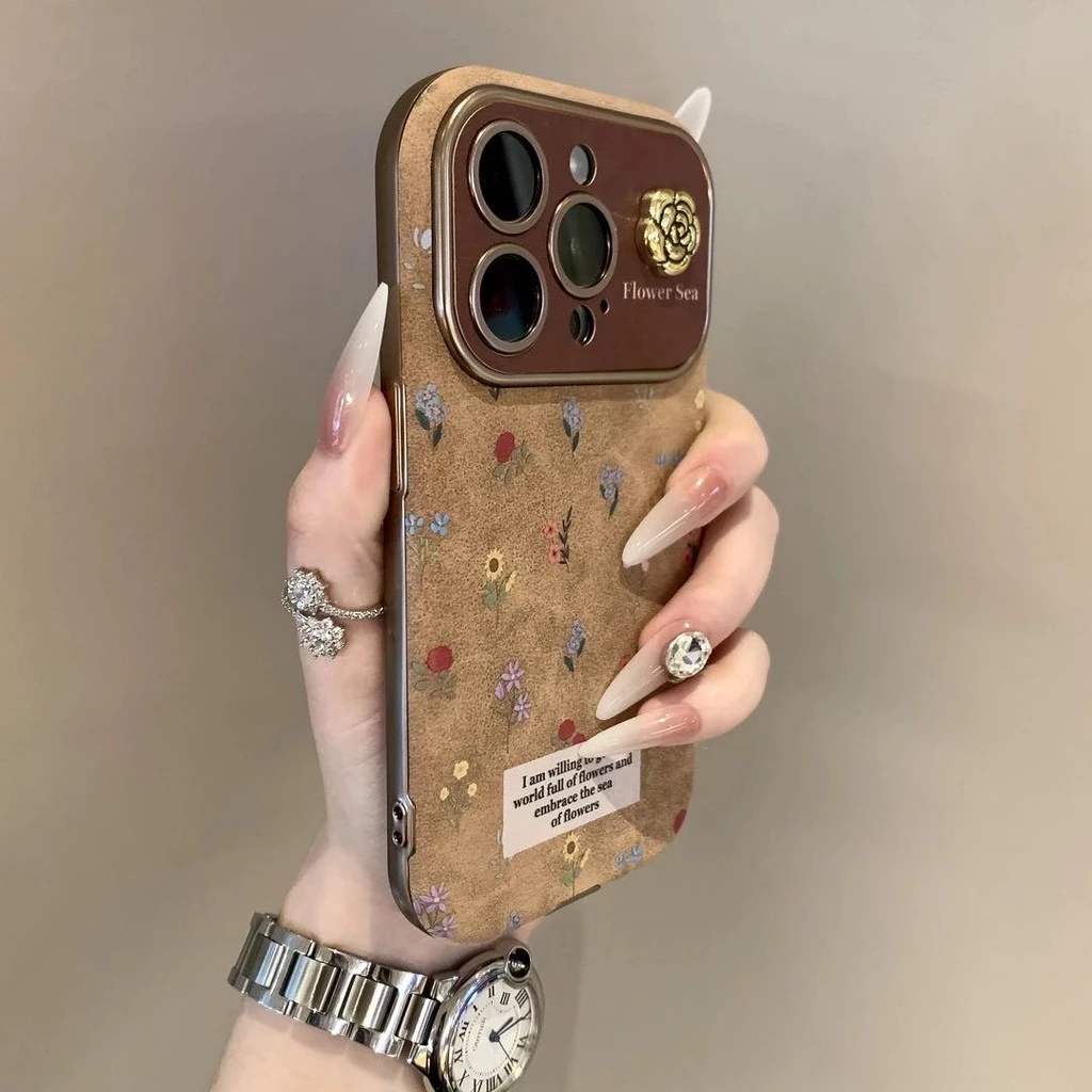หรูหราทะเลทรายโกลเด้นหน้าต่างขนาดใหญ่เต็มหน้าจอดอกไม้ขนาดเล็กเคสโทรศัพท์เหมาะสําหรับ ไอโฟน 17 16 15 14 13 12 11 มือโปร สูงสุด กันกระแทกกล้องป้องกันกันกระแทกนุ่มฝาหลั