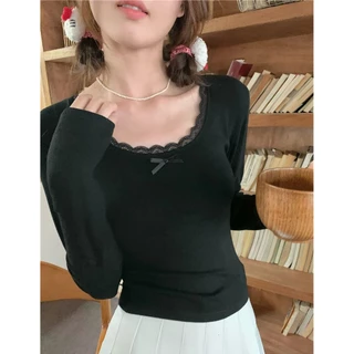 cherryshop พร้อมส่ง เสื้อแขนยาวคอกลมลูกไม้ผู้หญิงรุ่นเกาหลี การออกแบบธนู ผ้านุ่มเข้ารูป เรียบง่ายและน่ารัก