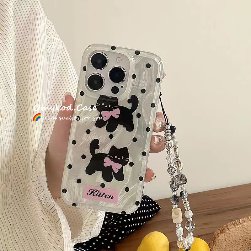 Feather ปลอก + โซ่สําหรับ Samsung A16 5G S21 S22 S23 S24 S21FE S23FE Plus Ultra เคสโทรศัพท์ INS เกาหลีแมวดํา Polka Dot Bow การ์ตูน Anti Drop กันกระแทกป้องกันปกอ่อน