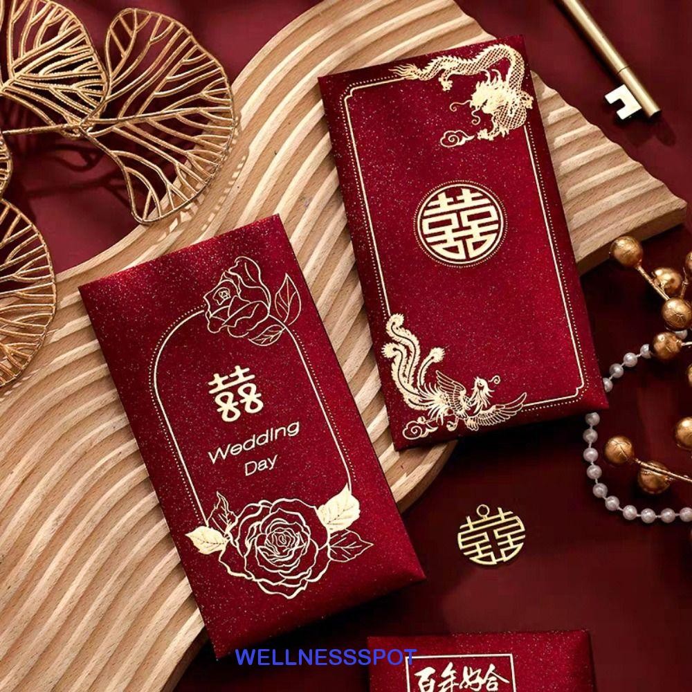 Wellnessspot 6 ชิ้นซองจดหมายสีแดงปีใหม่, สไตล์จีนงานแต่งงานแบบดั้งเดิมกระเป๋าเงิน, กระเป๋าเงิน Blessing Hongbao Lucky Money Packets อุปกรณ์เทศกาลฤดูใบไม้ผลิ