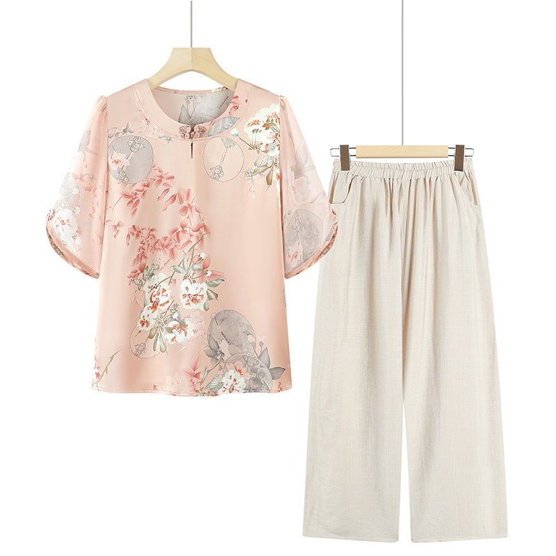 ชุดเซ็ต 2 ชิ้น เสื้อคนแก่ เสื้อลายดอก+กางเกงขากว้าง สวมใส่สบาย