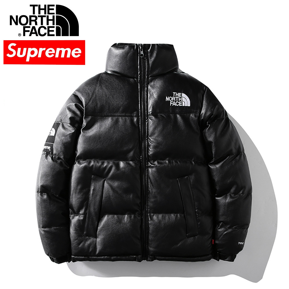 The North Face&Supre Me เสื้อแจ็คเก็ตผู้ชายฤดูหนาวหนังเคลือบปักป้ายคู่ลงเสื้อแจ็คเก็ตหนัง North เสื้อแจ็คเก็ตผ้าฝ้ายผู้ชายและผู้หญิง