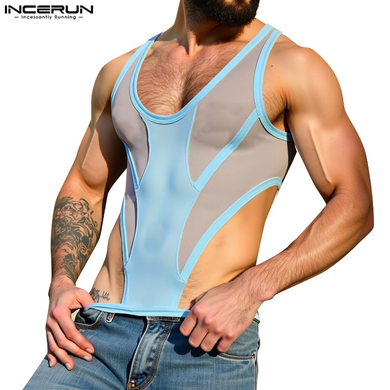 ไม่แน่นอน ผู้ชายวินเทจเย็บปะติดปะต่อกันด้านสูงแยกสามเหลี่ยมบอดี้สูทแขนกุด